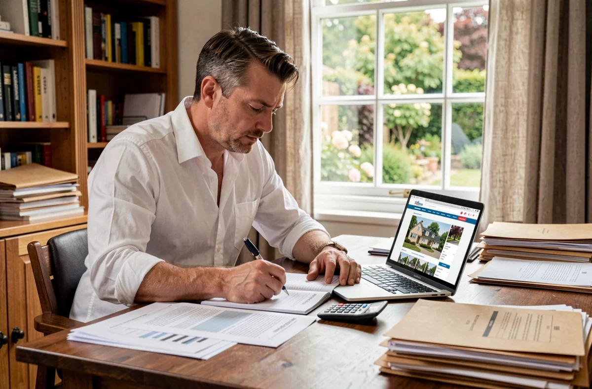 Homme organisant ses documents immobiliers à son bureau à domicile pour préparer un projet d'achat ou de vente