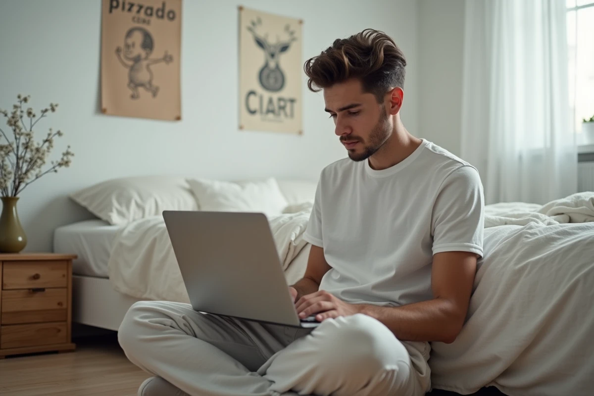 Jeune homme regardant son ordinateur dans une chambre minimaliste