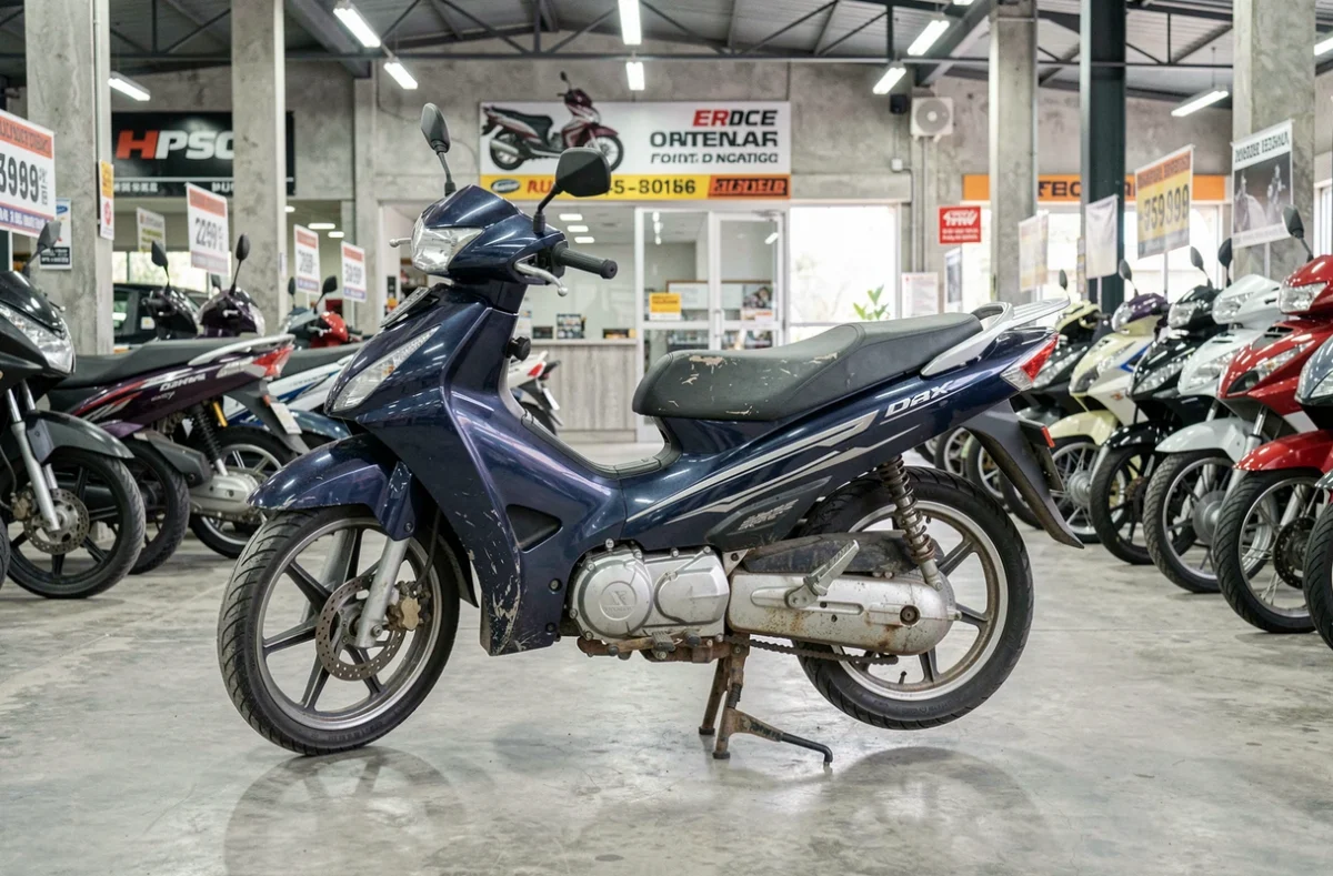 Honda Dax 125 d'occasion exposée dans une concession moto, avec des traces d'usure réalistes et une étiquette de prix visible