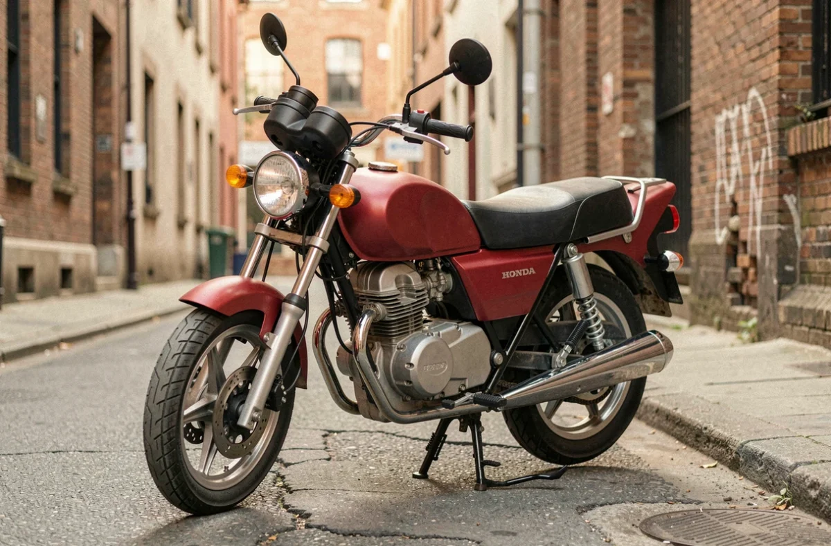 Honda Dax 125 d'occasion en bon état garée dans une rue urbaine, vue 3/4 angle large mettant en valeur ses détails mécaniques rétro