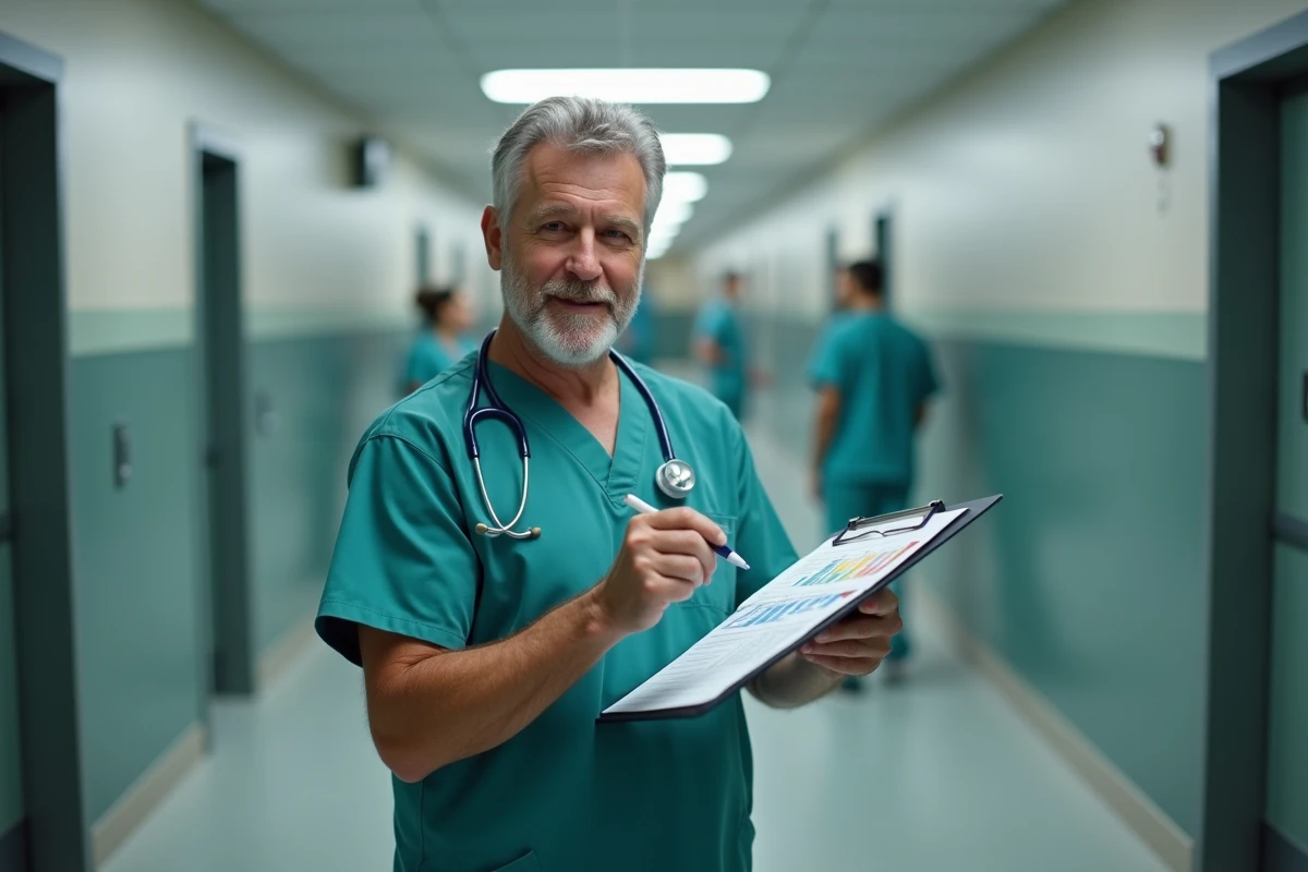 Infirmier en couloir d'hôpital annotant un planning de soins pour améliorer l'organisation quotidienne