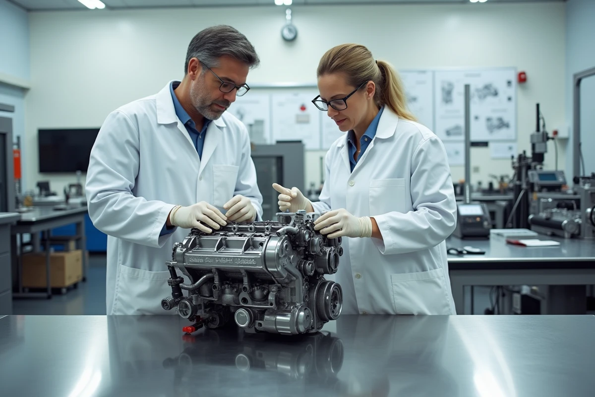 Deux ingénieurs automobiles analysant un moteur forgé haute performance dans un laboratoire de développement moteur