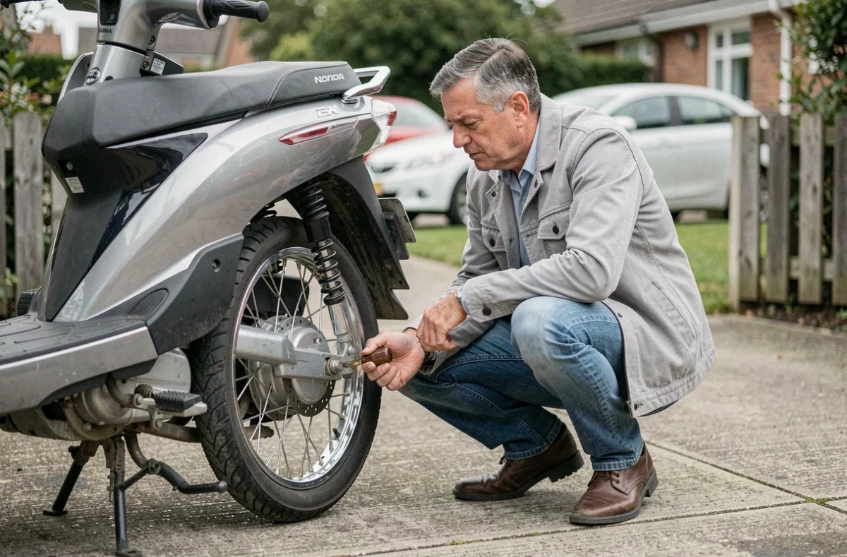 Acheteur inspectant une Honda Dax 125 d'occasion chez un particulier, vérification mécanique avant achat au meilleur prix