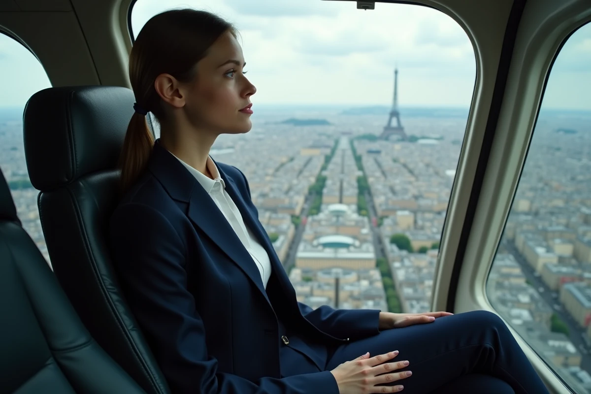 Jeune femme en costume dans un hélicoptère survolant Paris