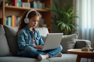 Jeune fille en denim et casque regardant un film sur son laptop