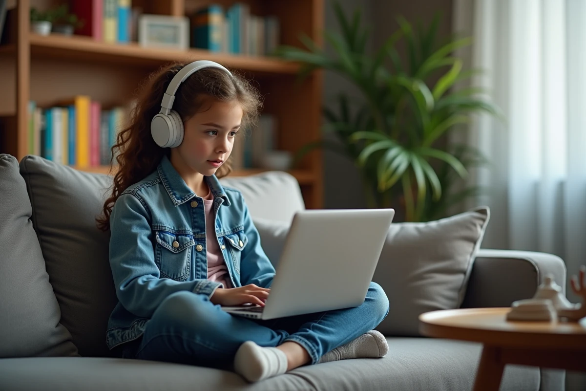 Jeune fille en denim et casque regardant un film sur son laptop