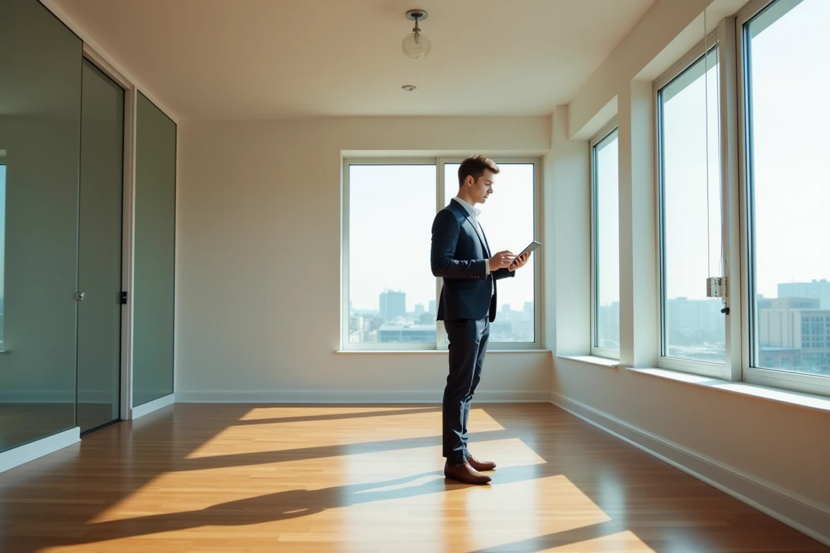 Jeune homme d affaires inspectant un salon rénové avec tablette