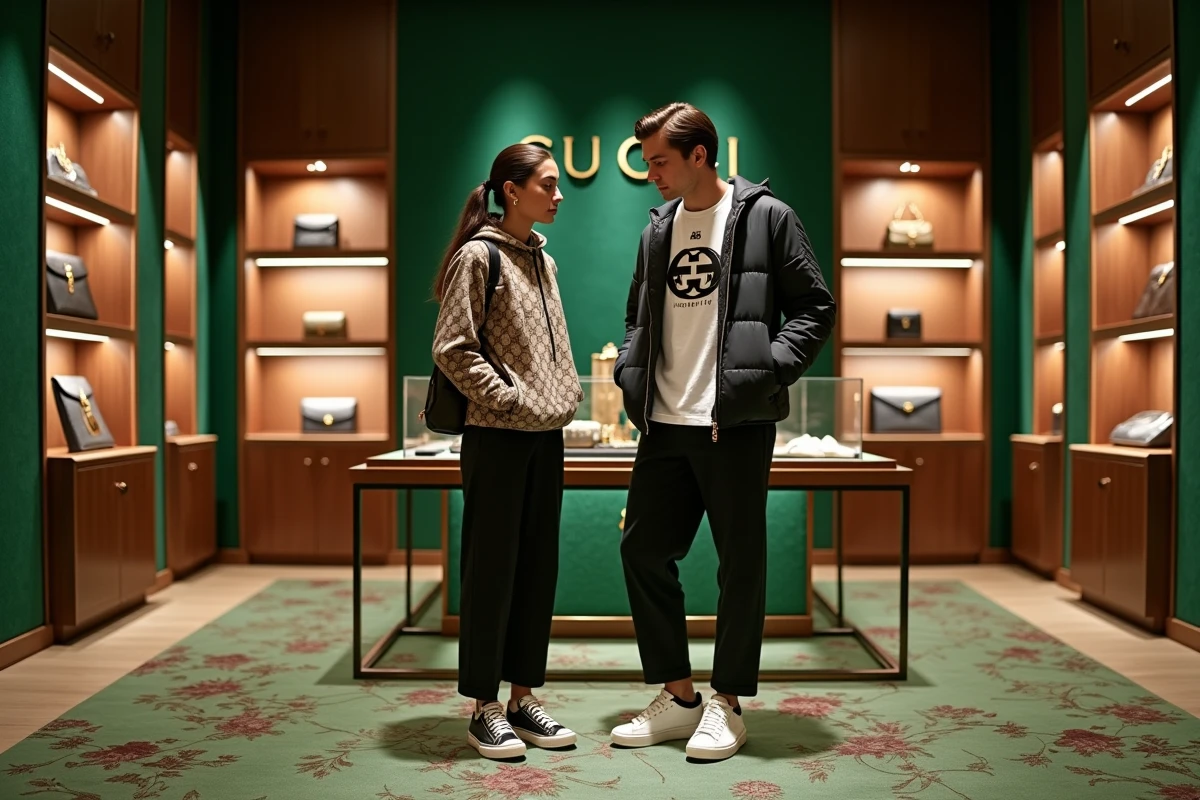 Jeunes clients en tenue Gucci streetwear explorant l'intérieur d'une boutique Gucci flagship