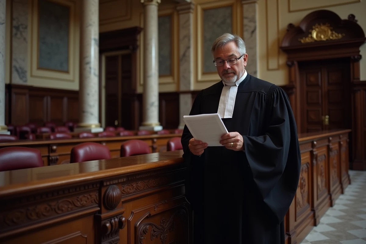 Juge en robe noire lisant un jugement dans une salle d'audience historique, symbolisant l'appréciation objective et subjective en droit français