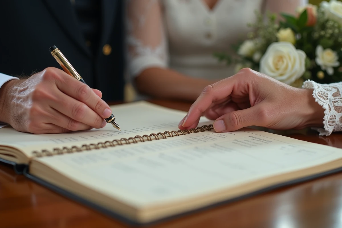 Mains âgées croisées au-dessus du registre de mariage