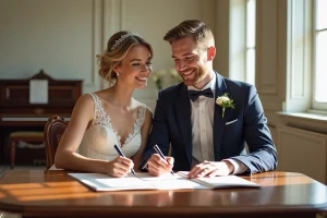 Jeune couple marié signant le registre dans la mairie