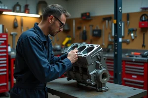 Mécanicien automobile inspectant un bloc moteur forgé sur un établi dans un garage professionnel