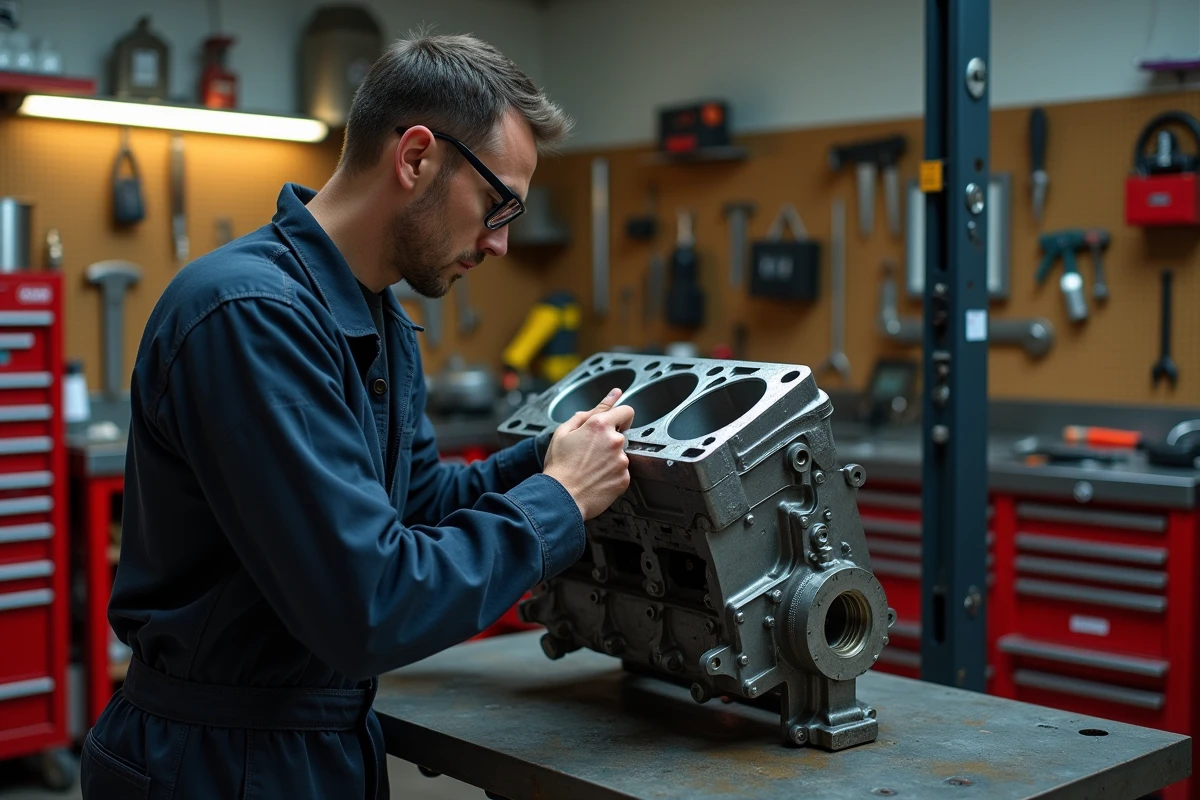 Mécanicien automobile inspectant un bloc moteur forgé sur un établi dans un garage professionnel