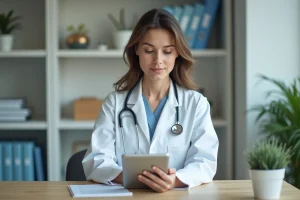 Médecin femme consultant une tablette numérique dans son cabinet pour optimiser sa pratique quotidienne