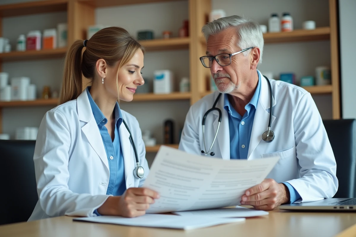Médecin généraliste et pharmacien collaborant sur une ordonnance pour optimiser la prise en charge des patients