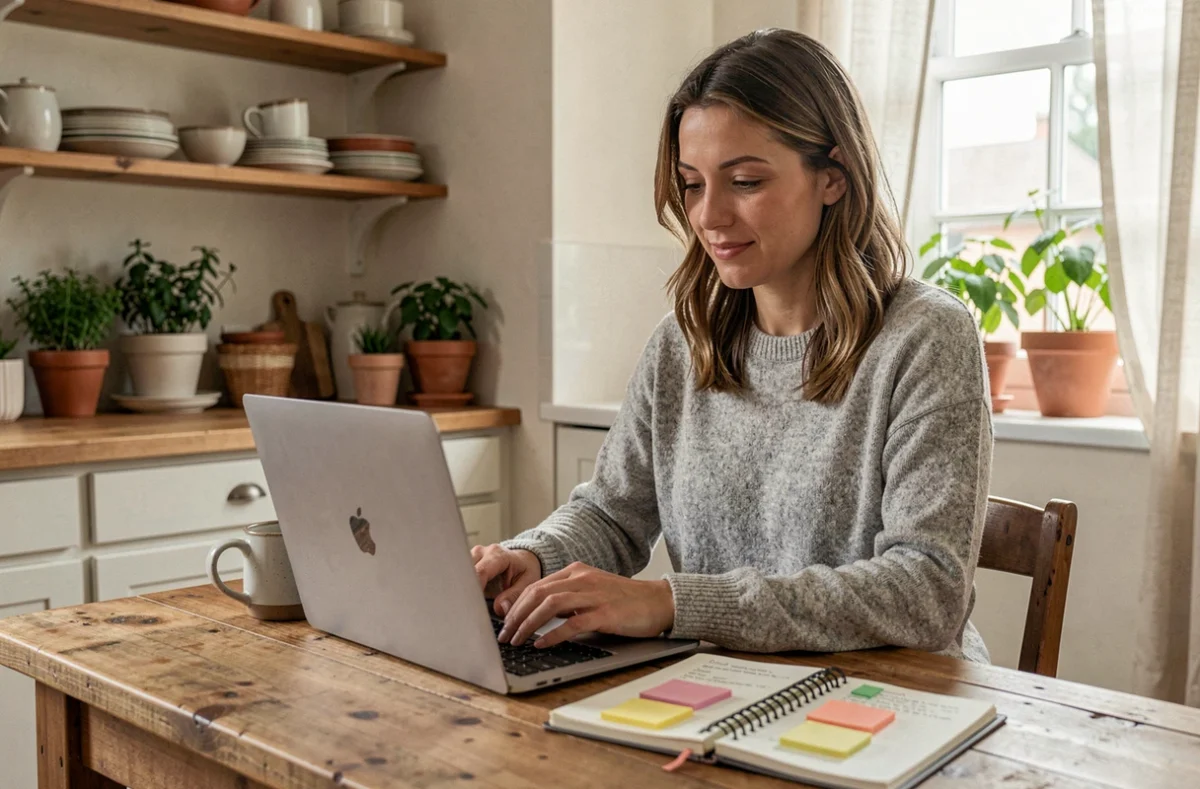 Mère de famille tapant sur son ordinateur portable avec un agenda ouvert dans une cuisine chaleureuse et organisée, illustrant la gestion du quotidien grâce à un blog famille