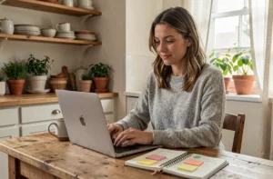 Mère de famille tapant sur son ordinateur portable avec un agenda ouvert dans une cuisine chaleureuse et organisée, illustrant la gestion du quotidien grâce à un blog famille