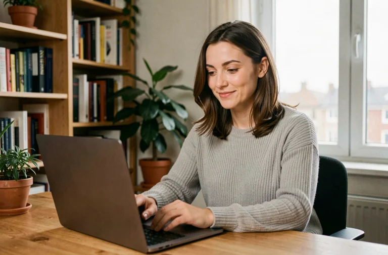 Femme naviguant facilement sur un site web depuis son bureau à domicile, illustrant la navigation intuitive entre les pages d'un site