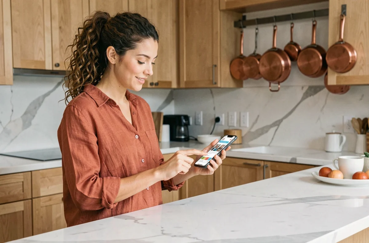 Jeune femme naviguant entre les pages d'un site web sur smartphone dans une cuisine moderne, illustrant une expérience de navigation simple et agréable