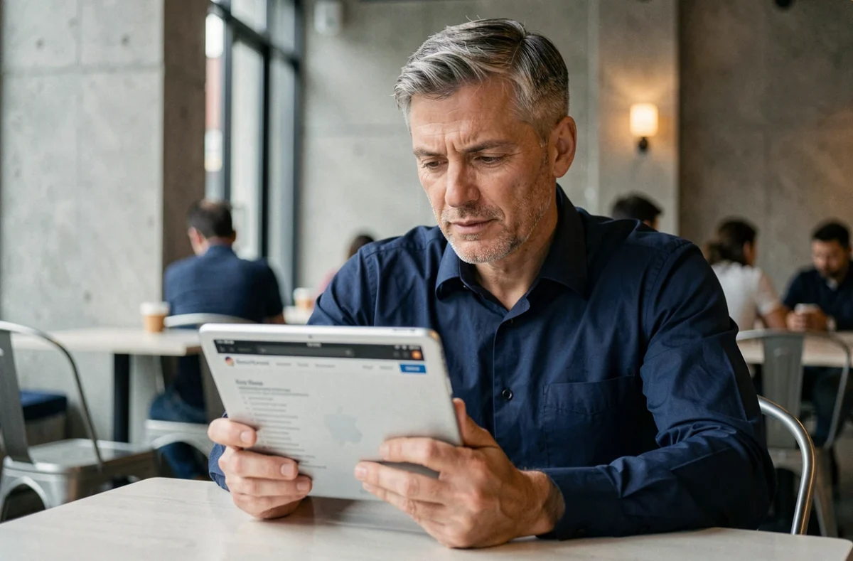 Homme consultant les pages d'un site web sur une tablette dans un café moderne, représentant une navigation fluide et intuitive