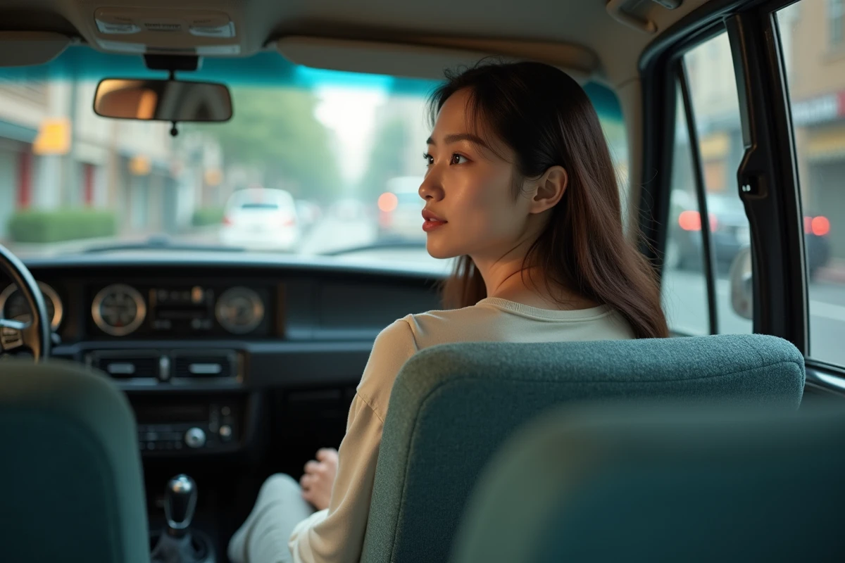 Passagere jeune dans le taxi regardant par la fenetre