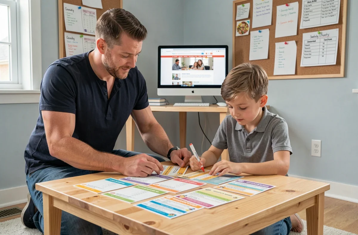Père aidant son enfant à organiser un planning hebdomadaire à la maison grâce aux conseils d'un blog famille