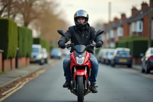 Jeune homme portant un casque intégral et une veste moto assis sur une 125cc rouge avec une plaque d'apprenti conducteur