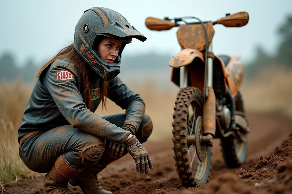 Pilote de motocross féminine au repos après une course sur circuit boueux, équipement de protection complet