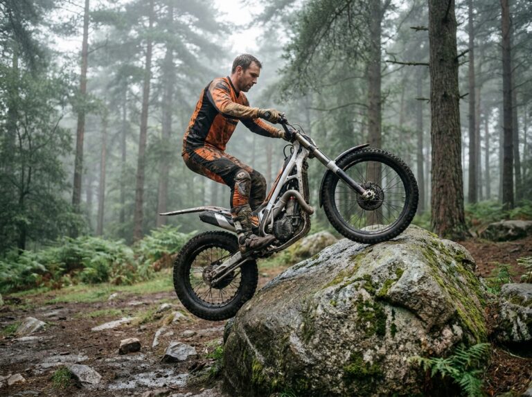 Pilote de moto trial en équilibre sur un rocher granitique moussu en forêt, technique de franchissement sur terrain naturel accidenté