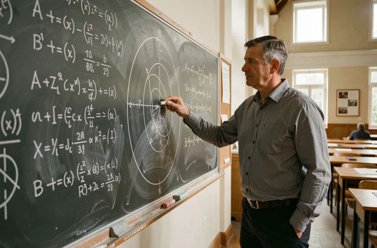 Professeur de physique expliquant le mouvement circulaire au tableau dans une salle de cours universitaire