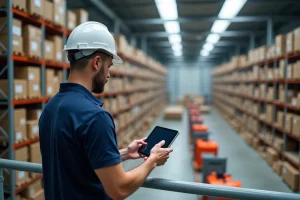 Responsable logistique supervisant les opérations d'une plateforme logistique moderne depuis une mezzanine