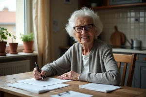 Femme retraitée âgée consultant ses documents financiers et livret d'épargne à la table de cuisine, illustrant l'impact du patrimoine sur les droits à l'ASPA