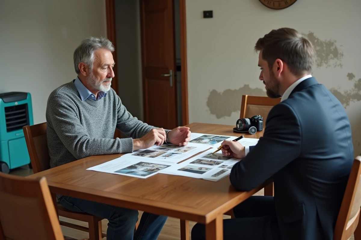 Propriétaire et expert en assurance discutant du rapport d'expertise dégât des eaux autour d'une table