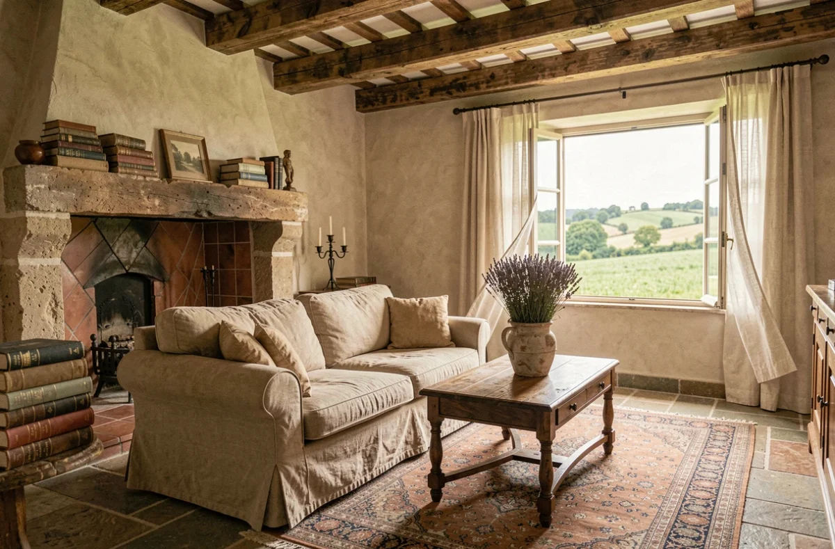 Salon de maison de campagne rustique avec poutres en bois apparentes, cheminée en pierre et canapé en lin couleur avoine