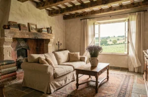 Salon de maison de campagne rustique avec poutres en bois apparentes, cheminée en pierre et canapé en lin couleur avoine