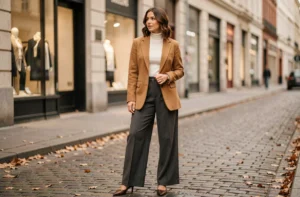 Femme élégante en blazer camel et pantalon large tendance mode automne-hiver dans une rue pavée européenne