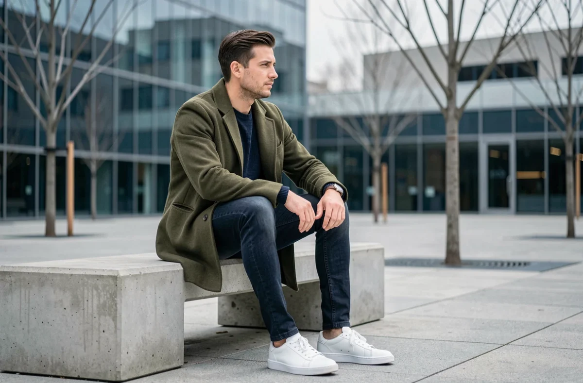 Homme en manteau oversize olive et jean slim tendance mode masculine urbaine automne dans un parc minimaliste