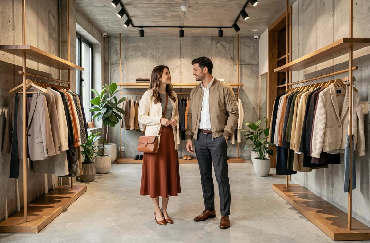 Duo homme et femme en tenues tendance mode mixte automne-hiver dans une boutique concept store haut de gamme