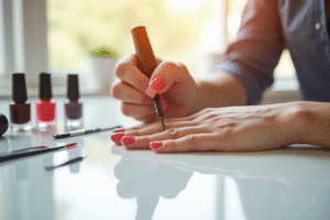 Main soignee appliquant un vernis semi-permanent brillant