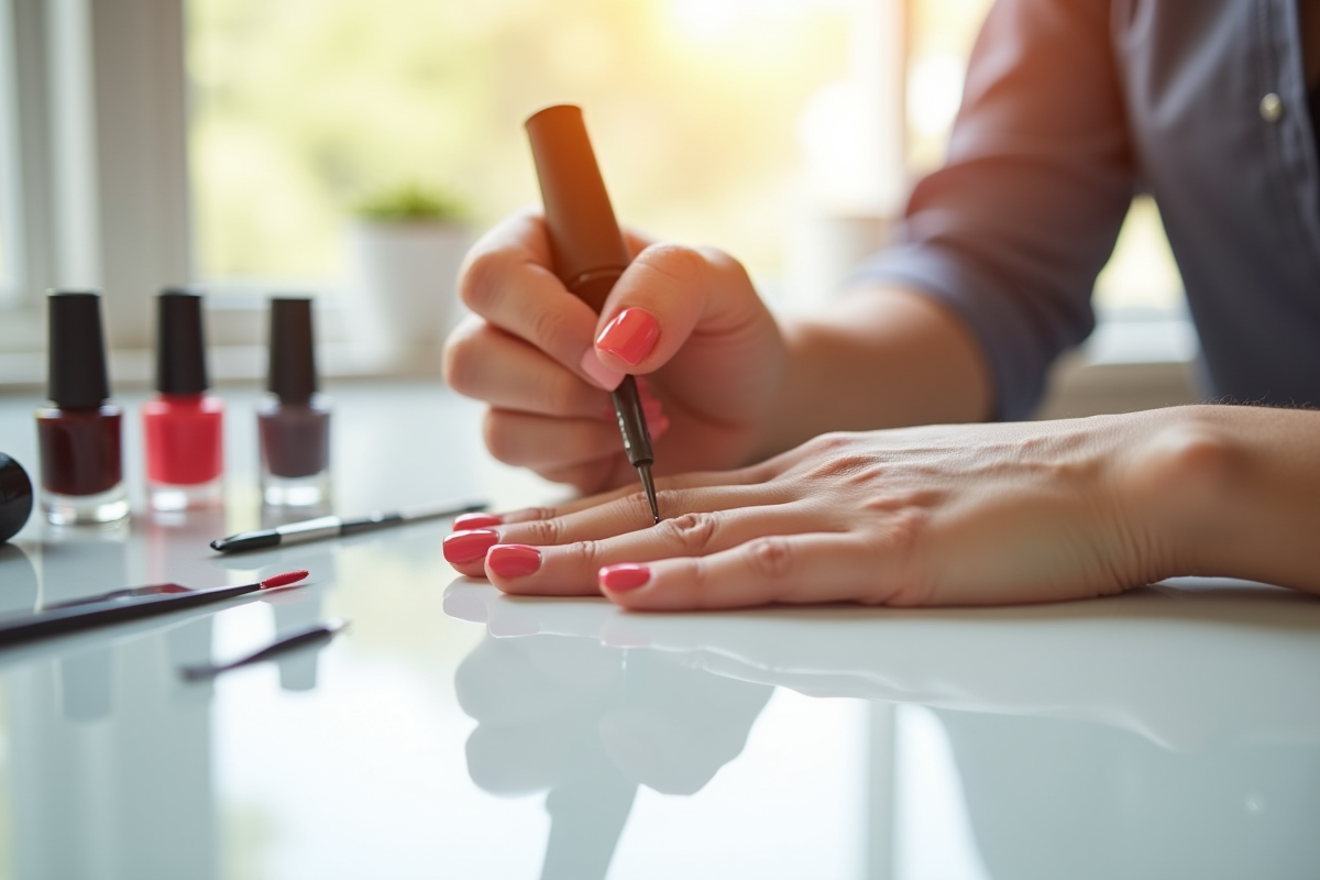 Main soignee appliquant un vernis semi-permanent brillant