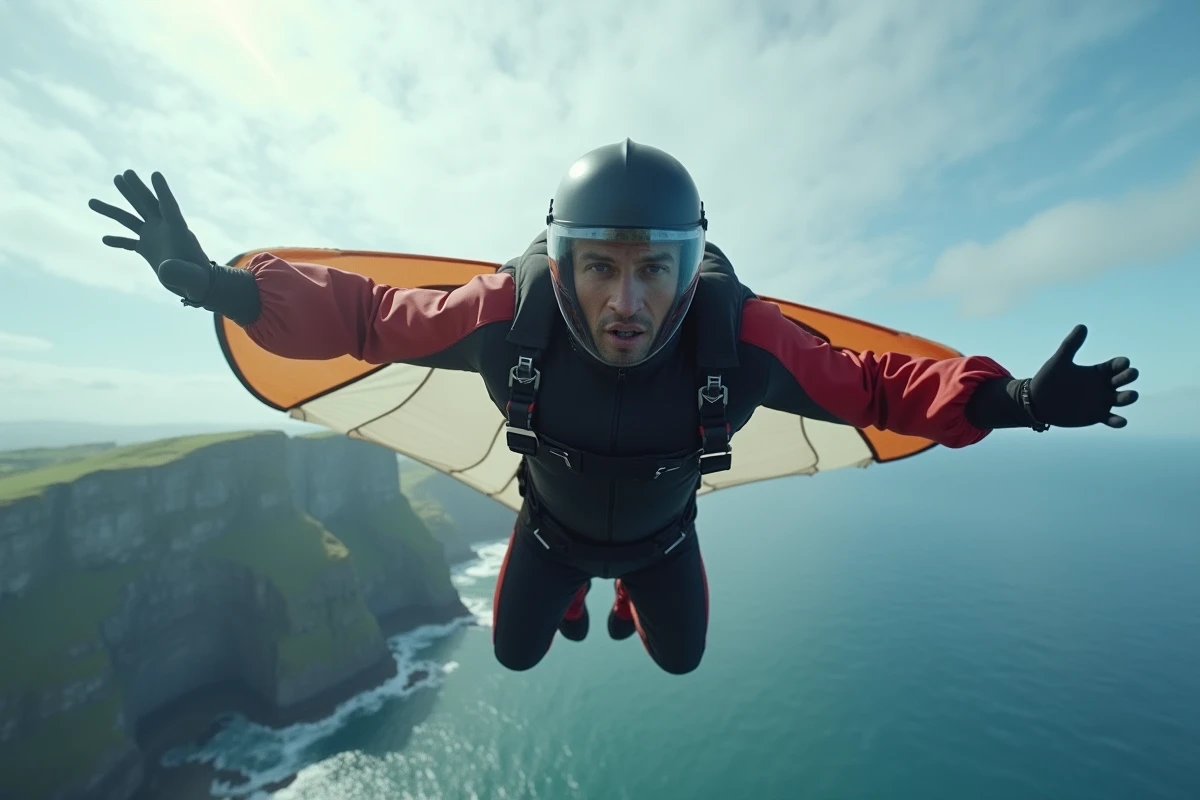 Athlète en wingsuit en vol plané au-dessus d'une falaise côtière lors d'un saut extrême